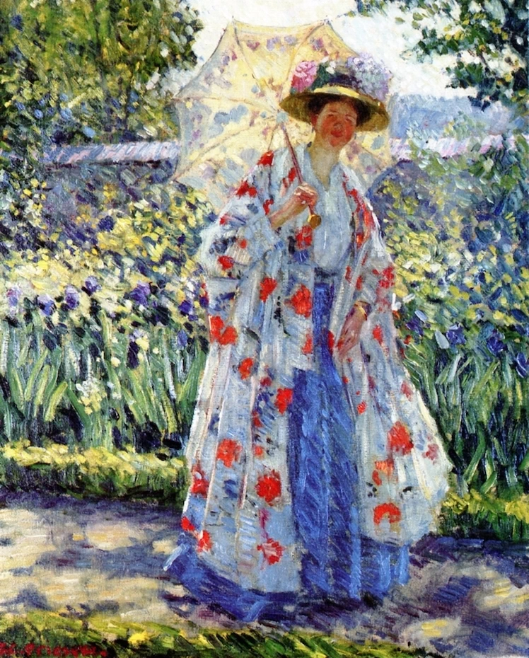Donna in giardino con parasole 3